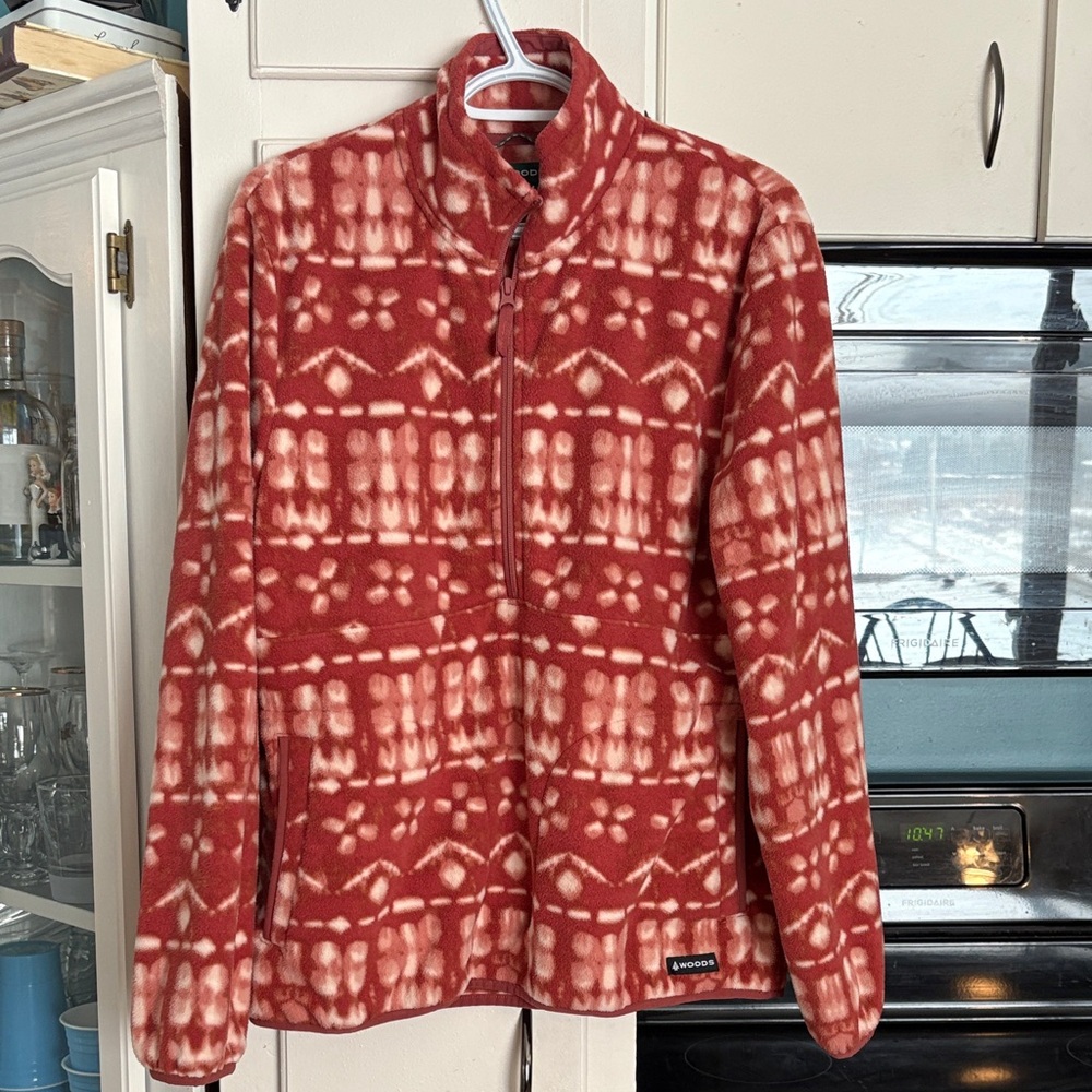WOODS Half-Zip Teddy Jacket in Red & Cream Pattern